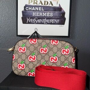Gucci Beige and Red Apple Print Crossbody Bag